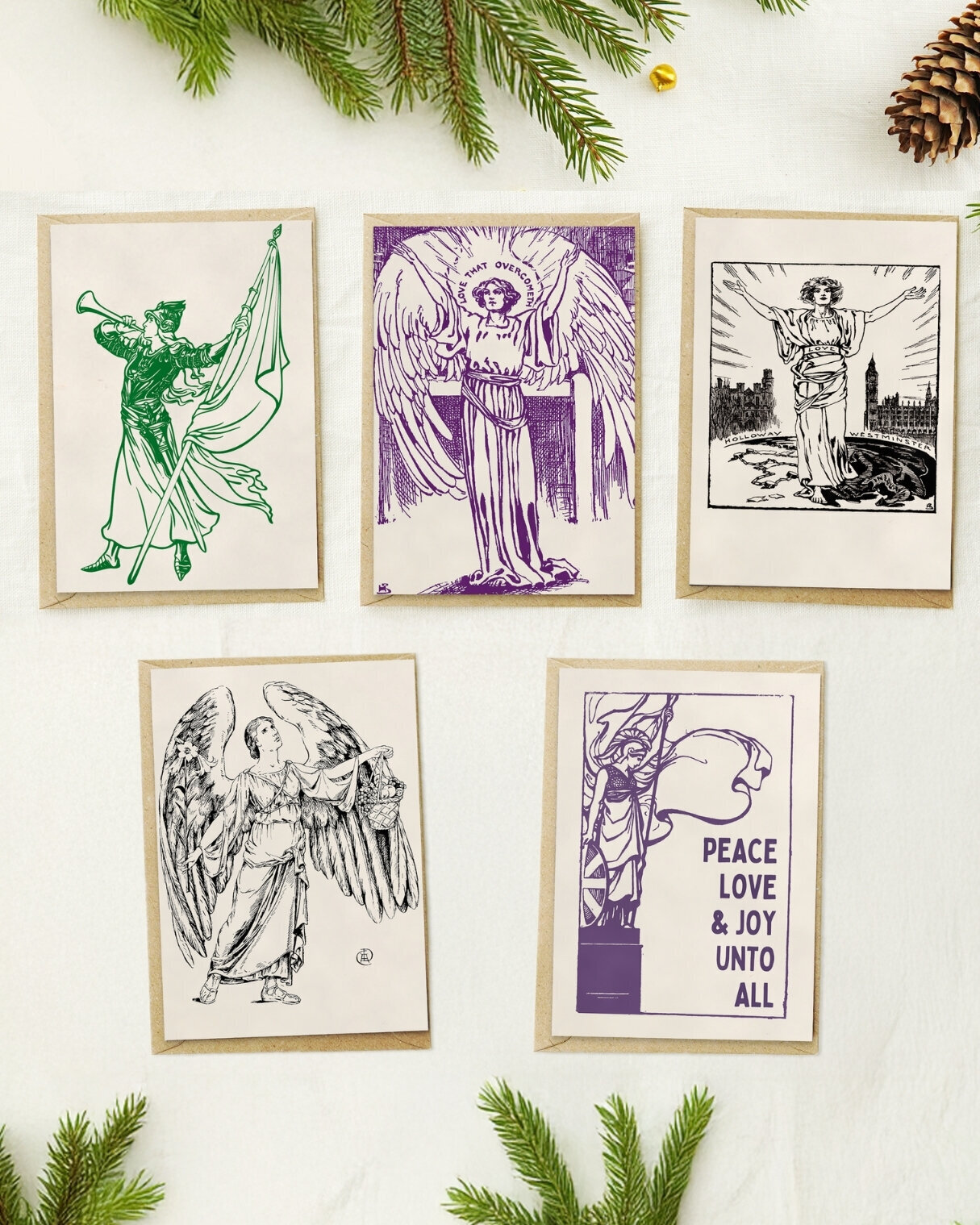 A selection of P&S suffrage-themed Christmas cards.