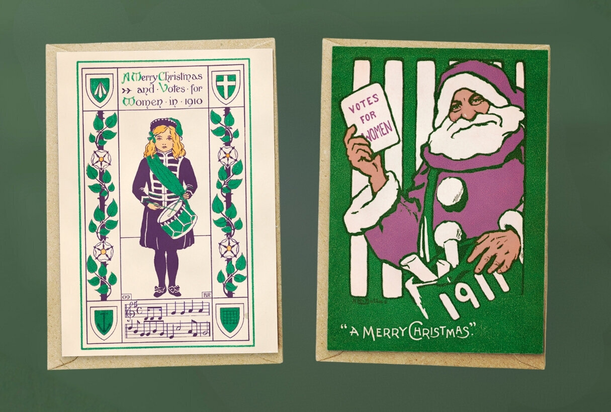 Historic WSPU Santa and Little Drummer Girl holiday-card illustrations.