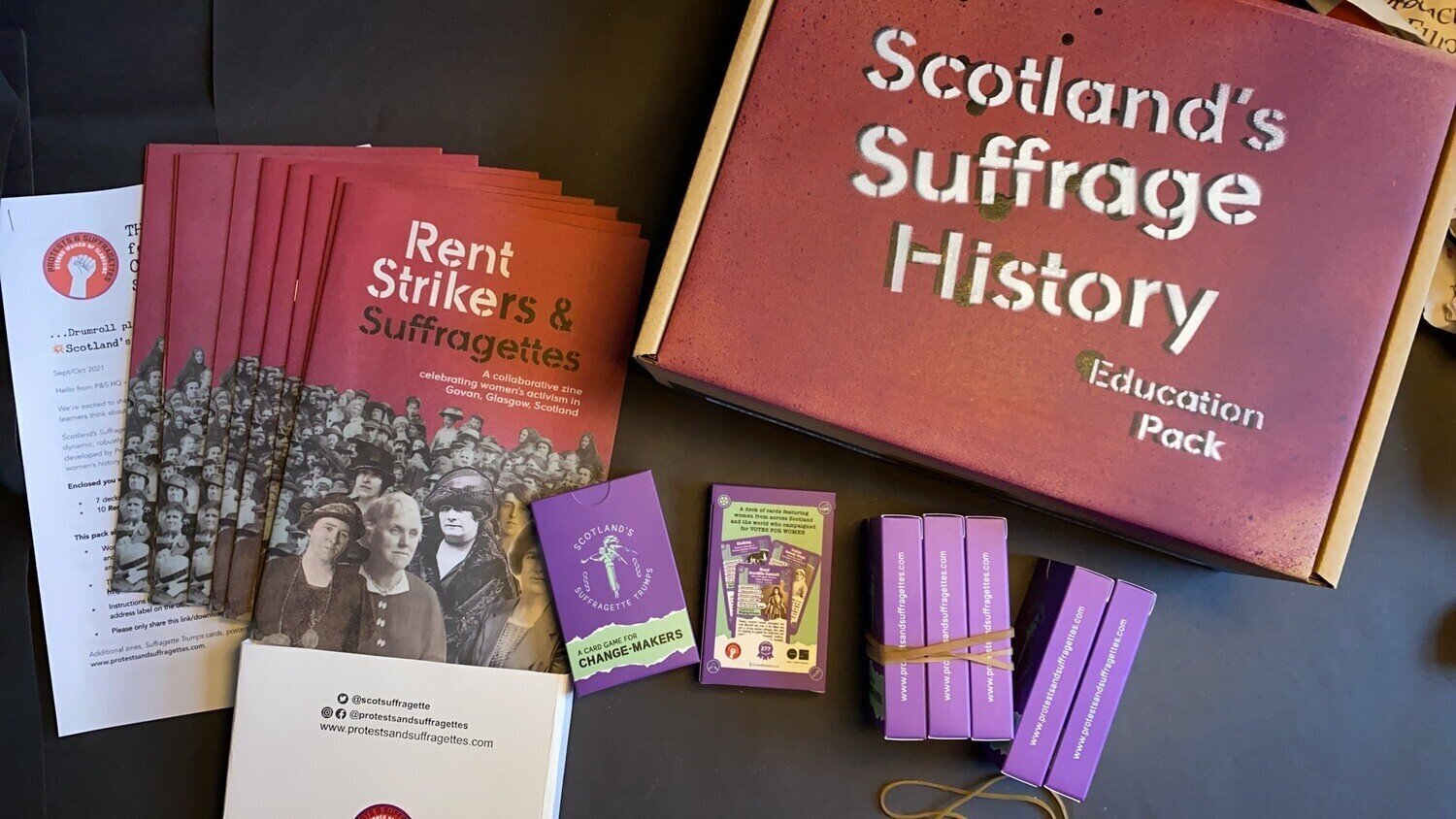 Education Pack showing Suffragette Playing Cards and Rent Strikers & Suffragettes zines.