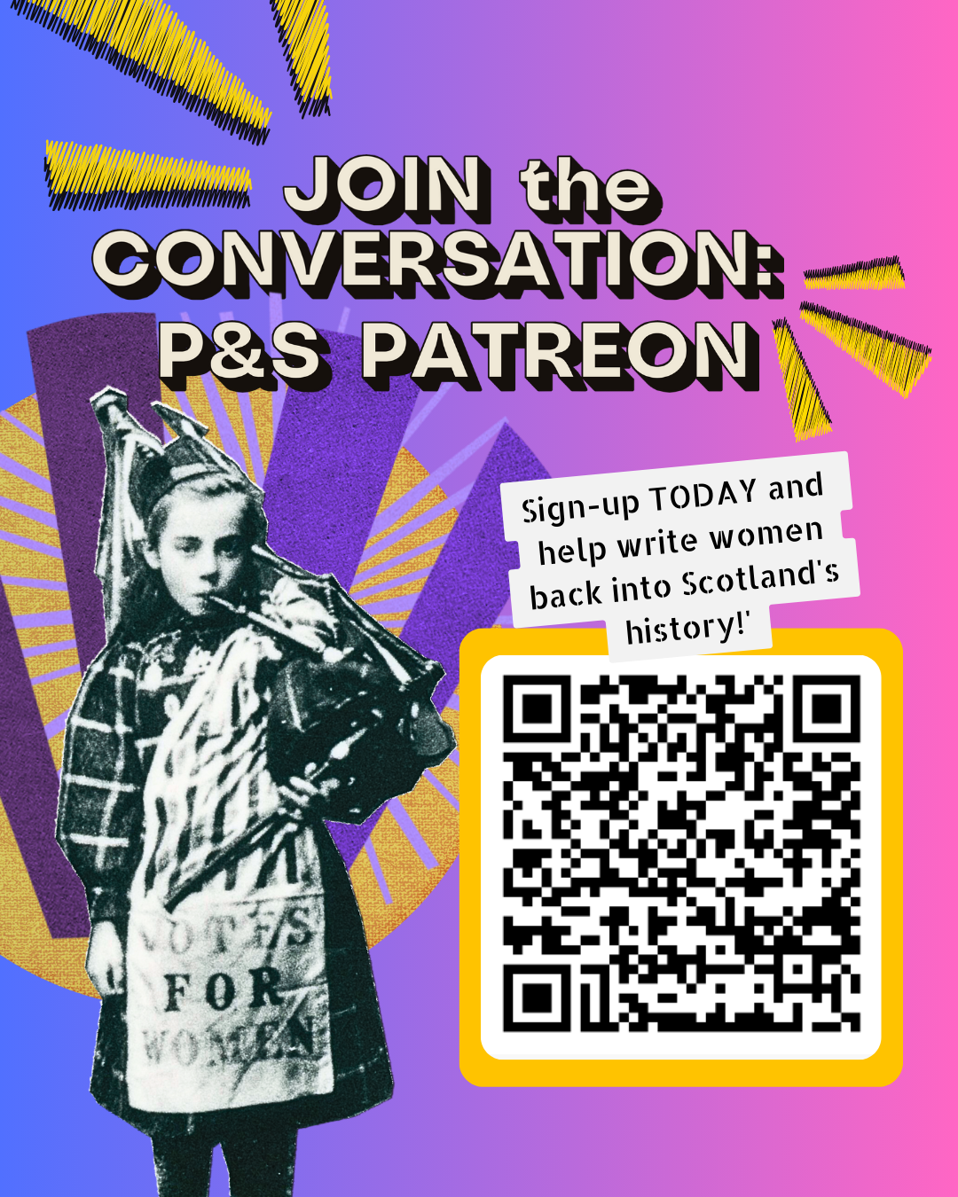 Flyer for Patreon featuring Bessie Watson, the suffragette piper girl.