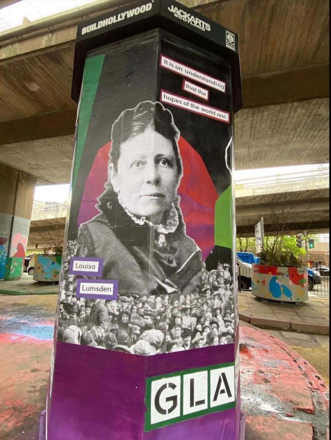 Louisa Lumsden featured in a temporary mural by Protests and Suffragettes.